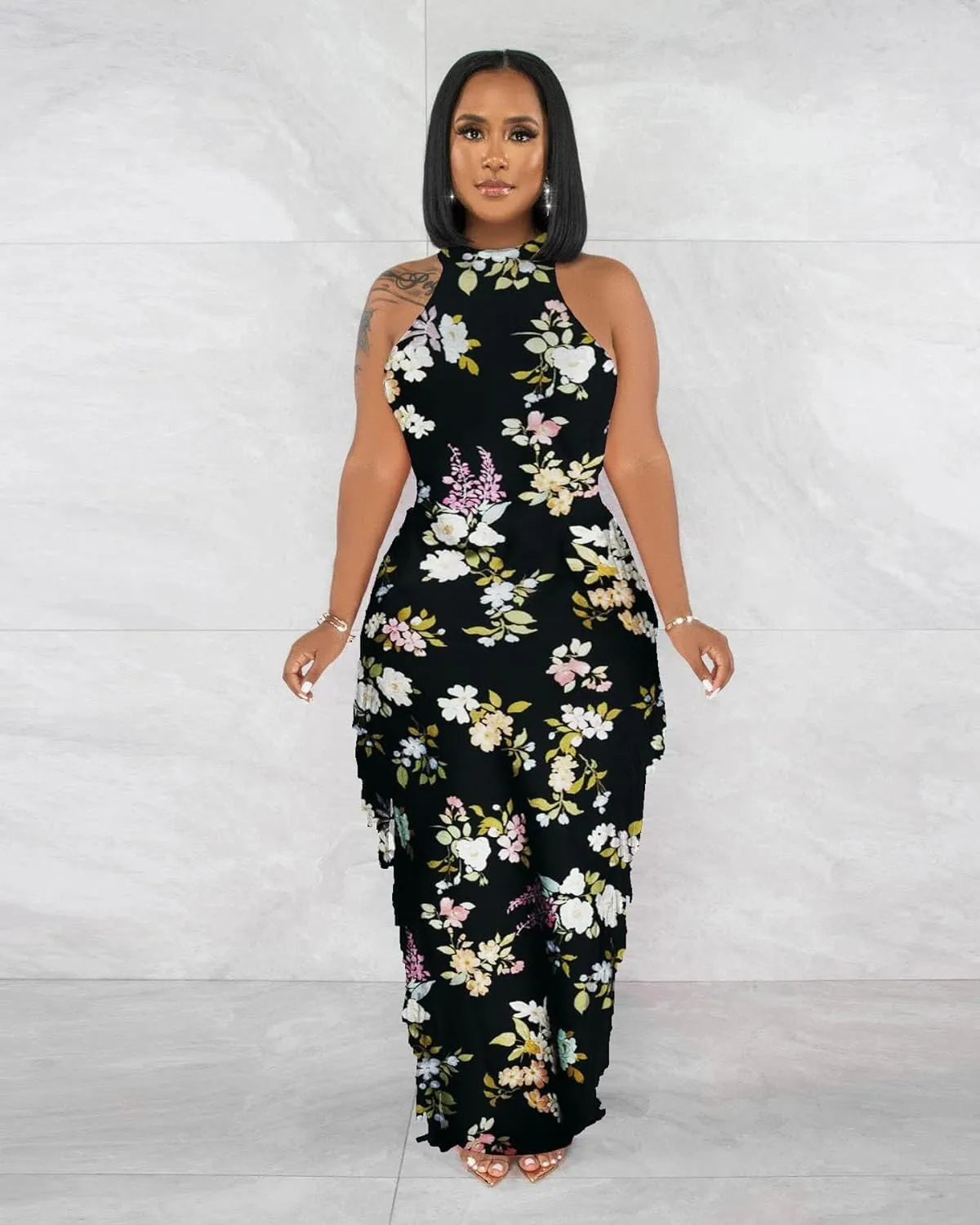 2 Piece Outfits for Women Sexy Crop Top Ruched Bodycon Maxi Dresses Fringe Skirt Sets Night Club Jumpsuits