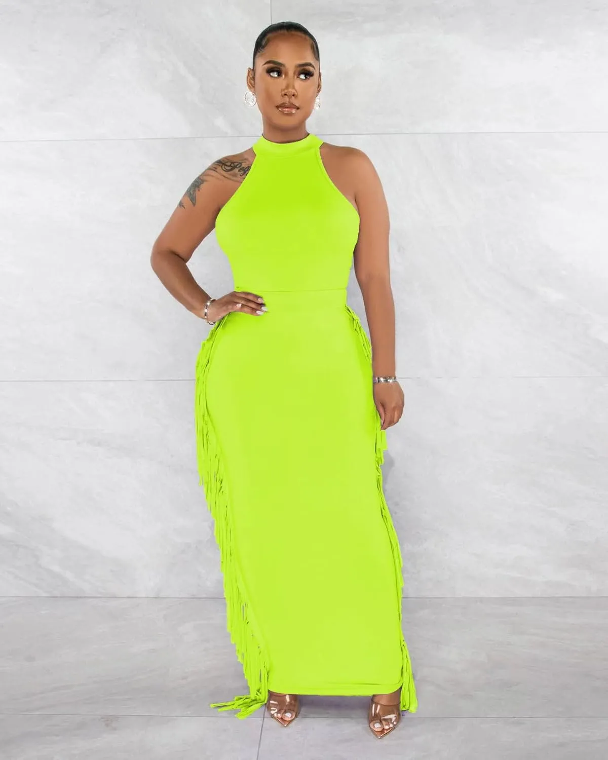 2 Piece Outfits for Women Sexy Crop Top Ruched Bodycon Maxi Dresses Fringe Skirt Sets Night Club Jumpsuits