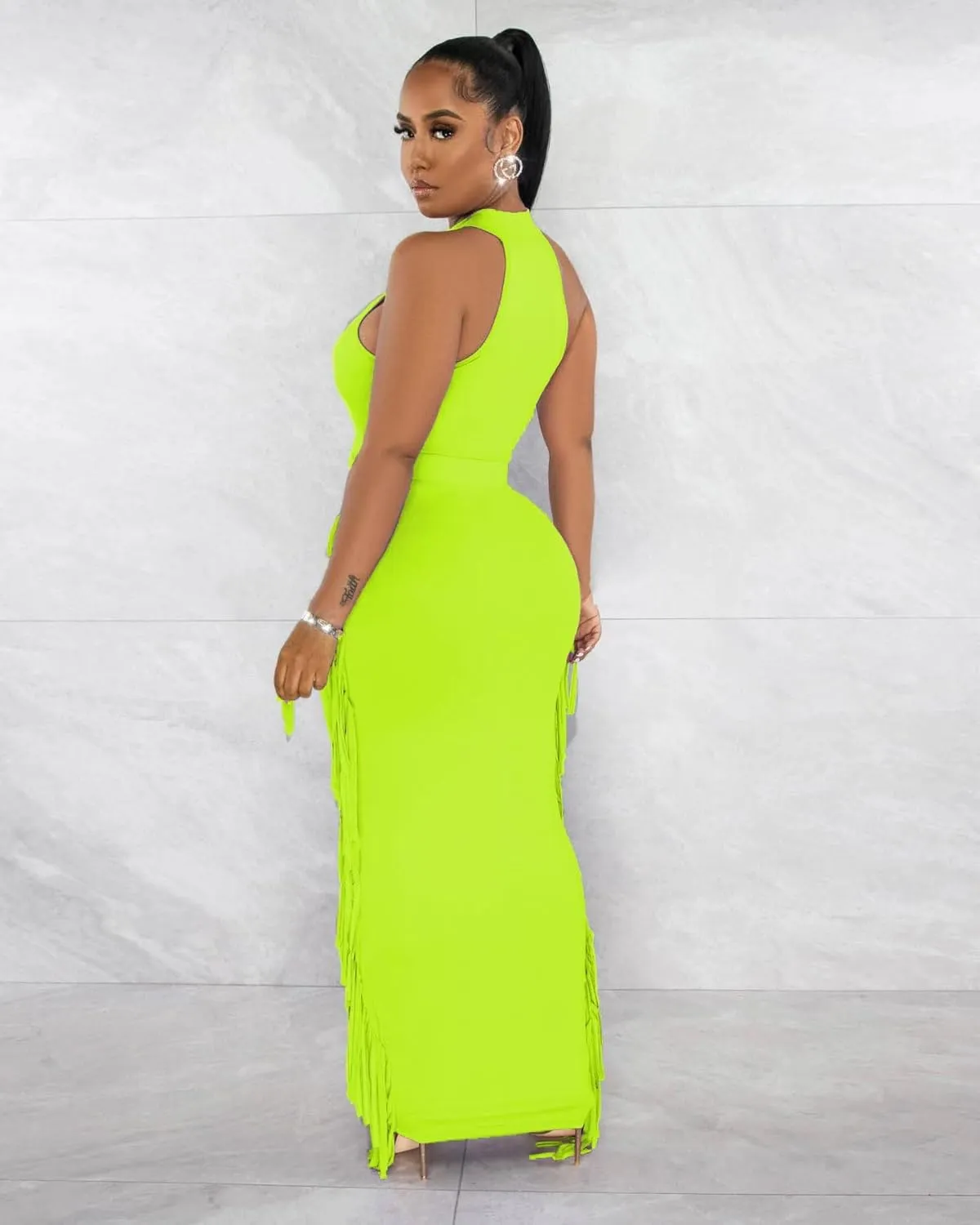 2 Piece Outfits for Women Sexy Crop Top Ruched Bodycon Maxi Dresses Fringe Skirt Sets Night Club Jumpsuits