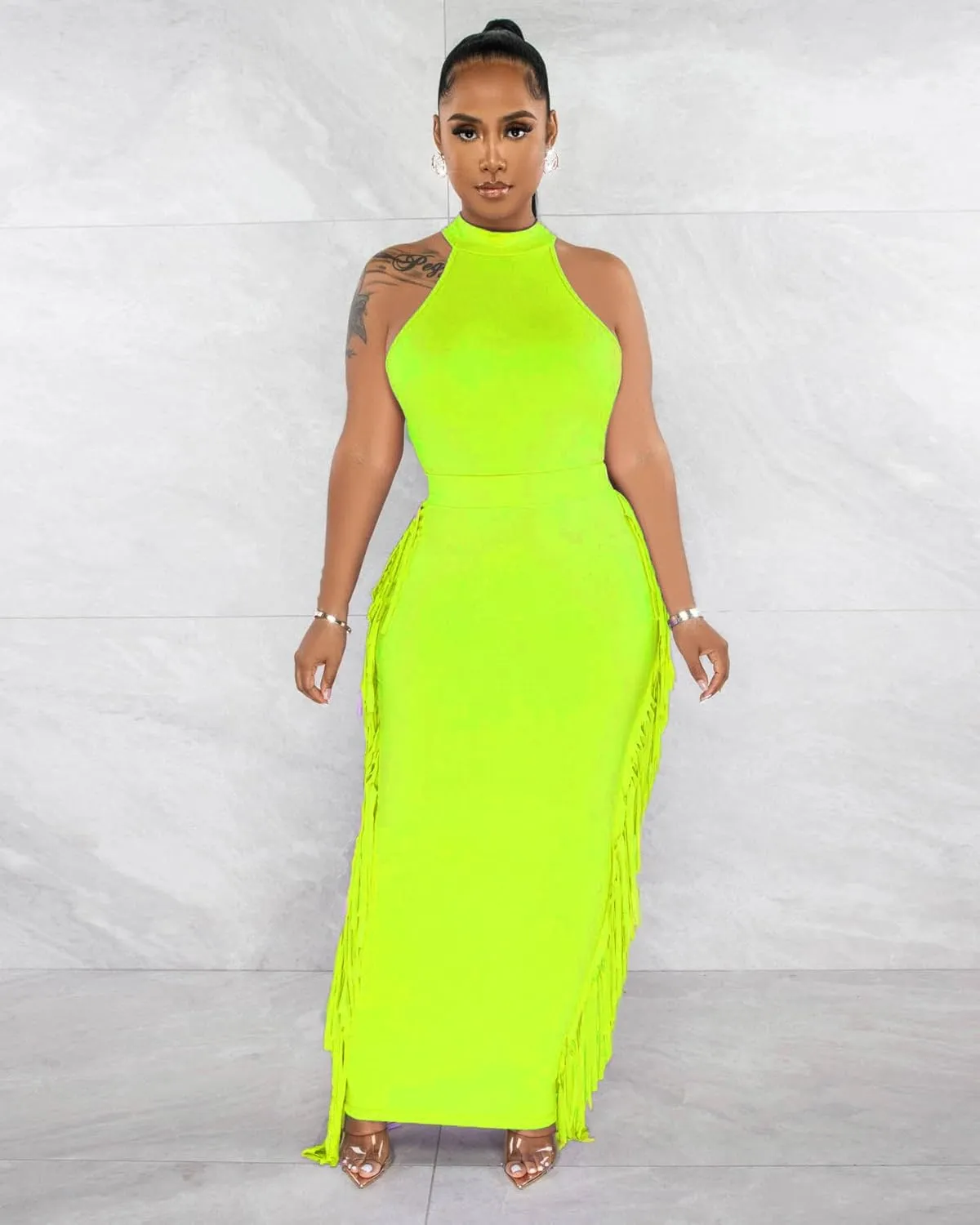 2 Piece Outfits for Women Sexy Crop Top Ruched Bodycon Maxi Dresses Fringe Skirt Sets Night Club Jumpsuits