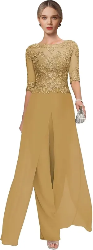 2 Pieces Mother of The Bride Pant Suits for Wedding Lace Chiffon Pantsuit for Women Dressy Casual