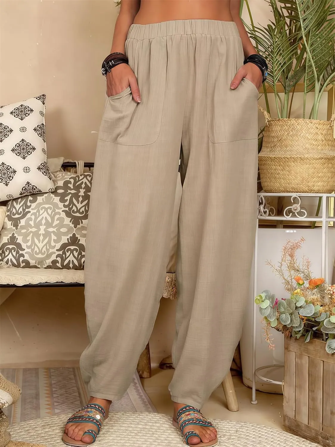 2025 Women Loose Solid Color Casual Wide Leg Pants Cotton Linen Trousers, Loose Cotton Linen Casual Harem Pants