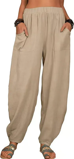 2025 Women Loose Solid Color Casual Wide Leg Pants Cotton Linen Trousers, Loose Cotton Linen Casual Harem Pants
