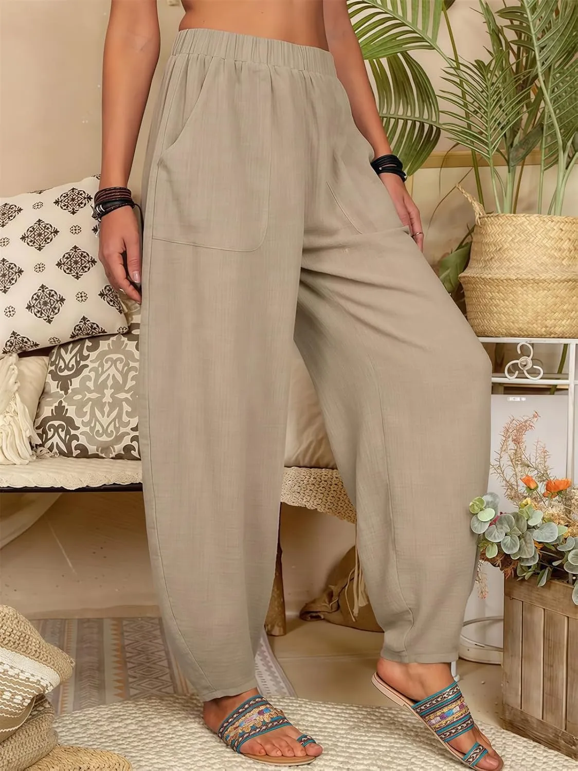 2025 Women Loose Solid Color Casual Wide Leg Pants Cotton Linen Trousers, Loose Cotton Linen Casual Harem Pants