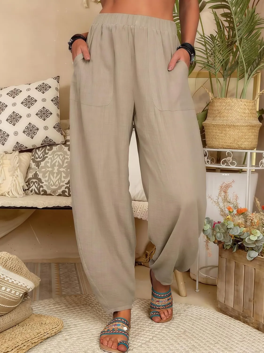 2025 Women Loose Solid Color Casual Wide Leg Pants Cotton Linen Trousers, Loose Cotton Linen Casual Harem Pants