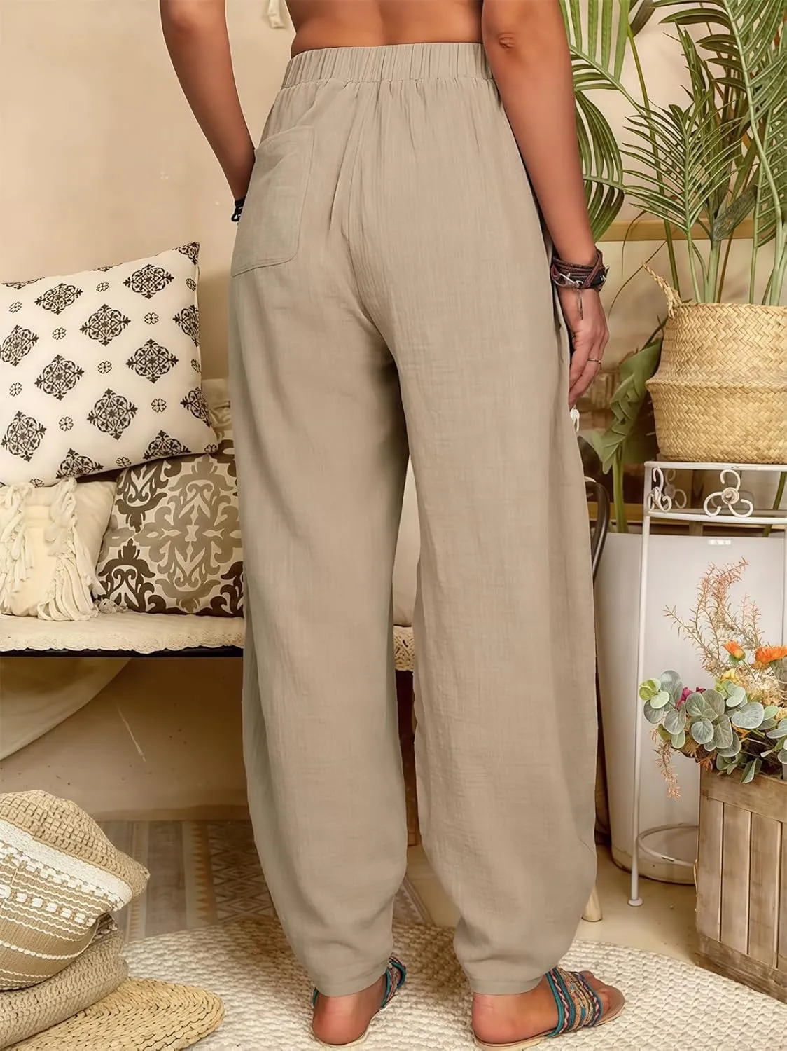 2025 Women Loose Solid Color Casual Wide Leg Pants Cotton Linen Trousers, Loose Cotton Linen Casual Harem Pants