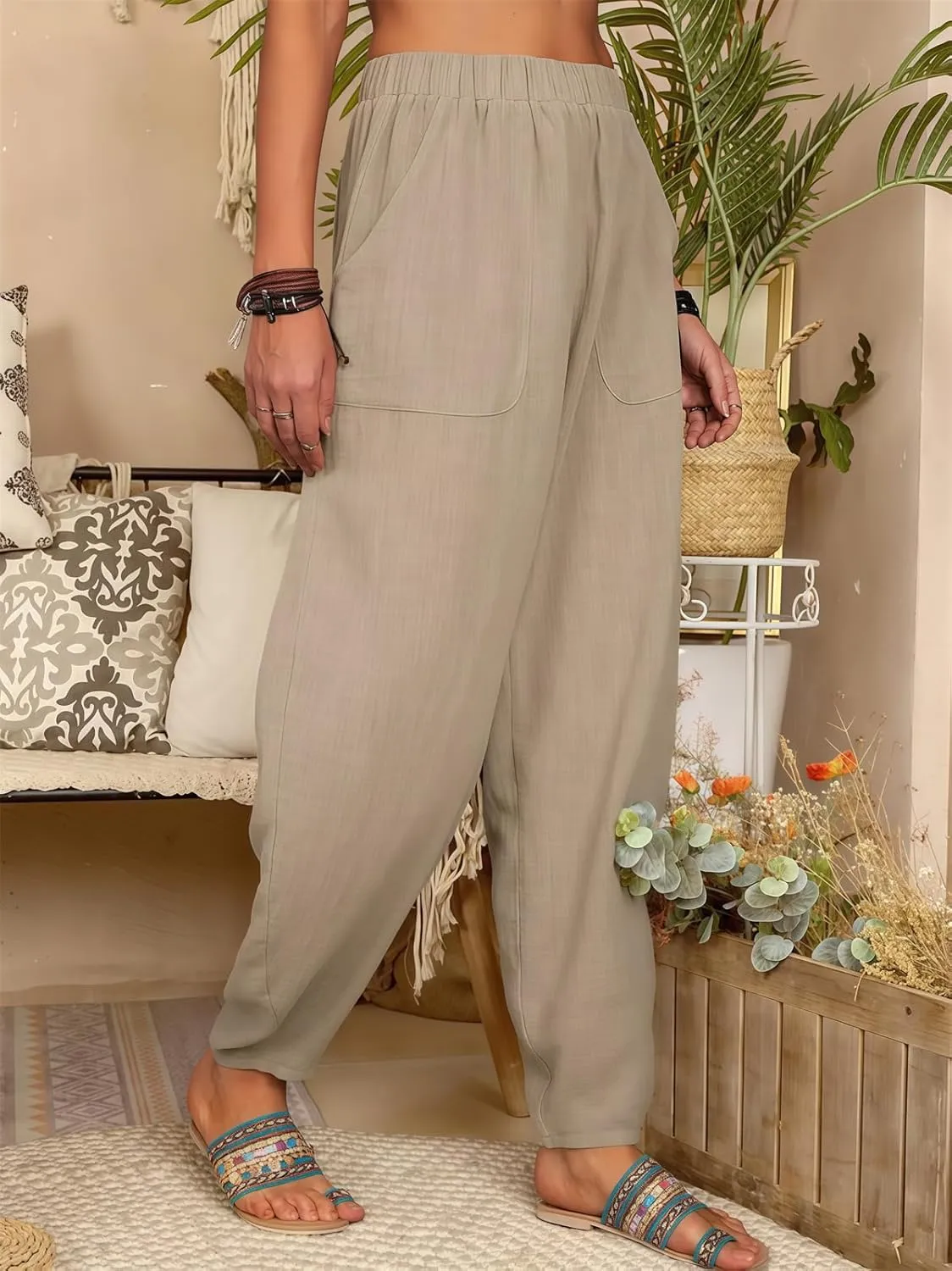 2025 Women Loose Solid Color Casual Wide Leg Pants Cotton Linen Trousers, Loose Cotton Linen Casual Harem Pants