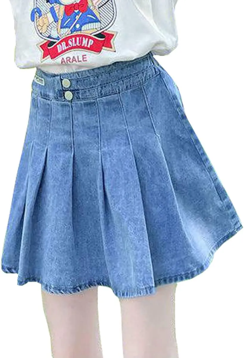 3-13 Years Skirts for Teen Girls Blue Elastic High Waist A Line Pleated Denim Skirt