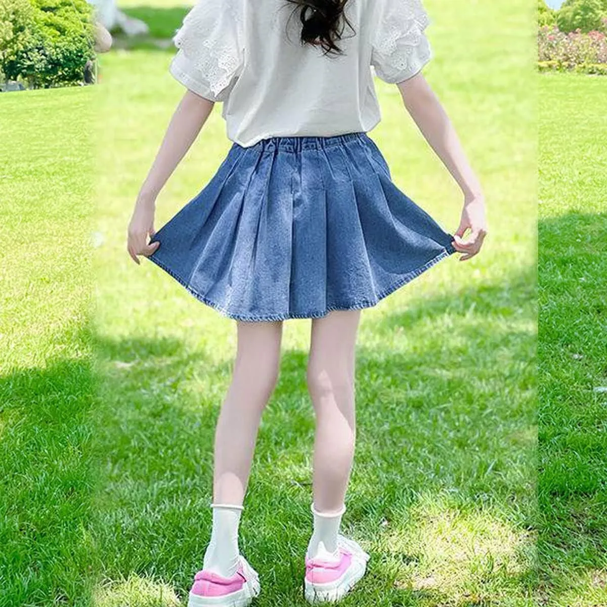 3-13 Years Skirts for Teen Girls Blue Elastic High Waist A Line Pleated Denim Skirt