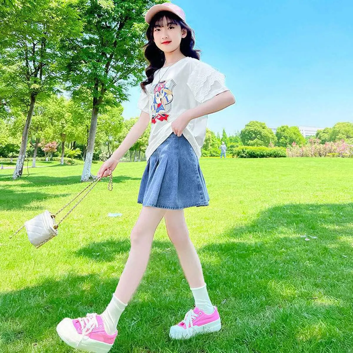 3-13 Years Skirts for Teen Girls Blue Elastic High Waist A Line Pleated Denim Skirt