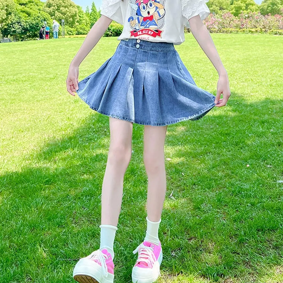 3-13 Years Skirts for Teen Girls Blue Elastic High Waist A Line Pleated Denim Skirt