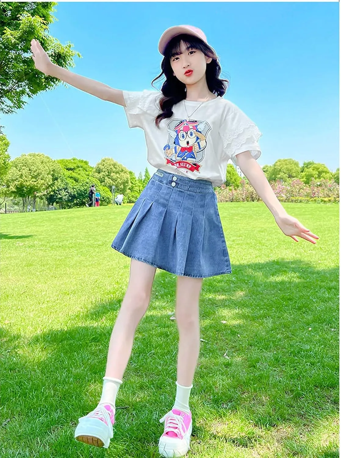 3-13 Years Skirts for Teen Girls Blue Elastic High Waist A Line Pleated Denim Skirt