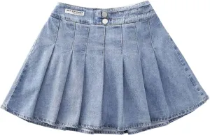 3-13 Years Skirts for Teen Girls Blue Elastic High Waist A Line Pleated Denim Skirt