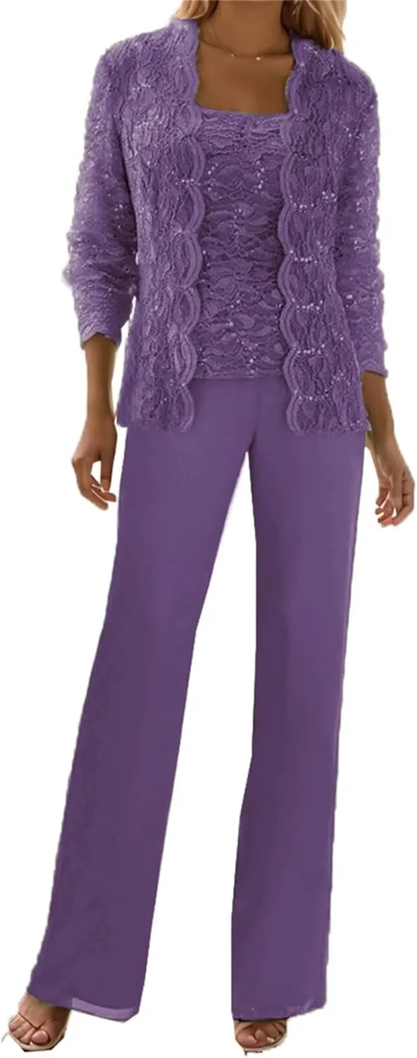 3 Piece Mother of The Bride Pant Suits for Wedding Guest Sequins Lace Outfits Formal Evneing Party Gowns with Jacket