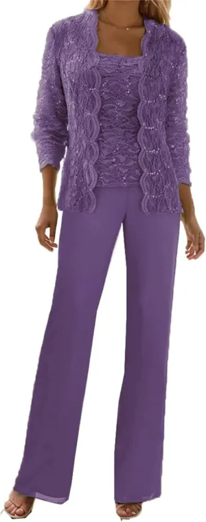 3 Piece Mother of The Bride Pant Suits for Wedding Guest Sequins Lace Outfits Formal Evneing Party Gowns with Jacket