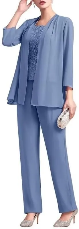 3 Pieces Mother of The Bride Dresses Pant Suits for Women Chiffon Lace Formal Outfit Evening Dress with Jacket