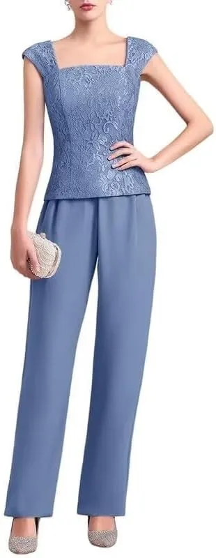 3 Pieces Mother of The Bride Dresses Pant Suits for Women Chiffon Lace Formal Outfit Evening Dress with Jacket