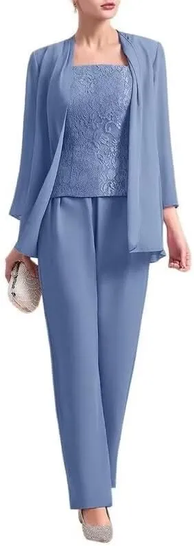 3 Pieces Mother of The Bride Dresses Pant Suits for Women Chiffon Lace Formal Outfit Evening Dress with Jacket