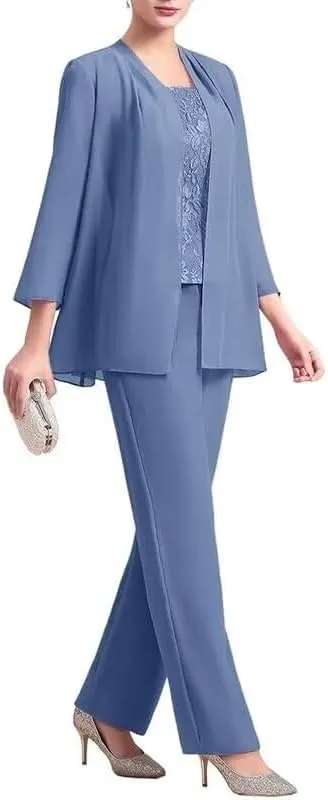 3 Pieces Mother of The Bride Dresses Pant Suits for Women Chiffon Lace Formal Outfit Evening Dress with Jacket