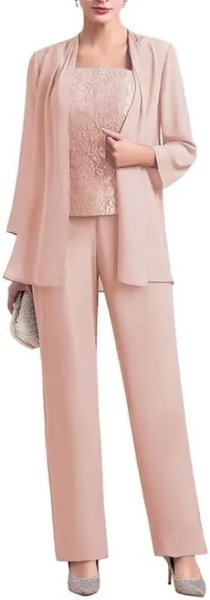 3 Pieces Mother of The Bride Dresses Pant Suits for Women Chiffon Lace Formal Outfit Evening Dress with Jacket