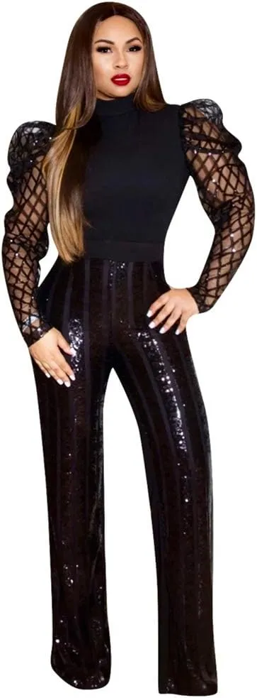 acelyn Women's Elegant Sequin Mesh Sheer Puff Long Sleeve Mock Neck Slim Fit Party Blouse Shirt Top
