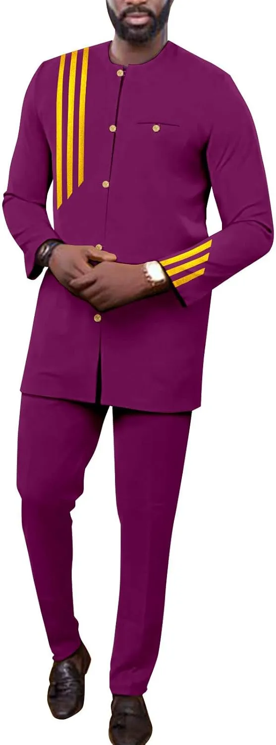 African Suits for Men Single Breasted Embroidery Jacket and Pants 2 Pieces Set Formal Outfits