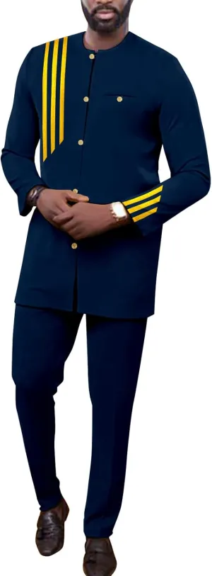 African Suits for Men Single Breasted Embroidery Jacket and Pants 2 Pieces Set Formal Outfits
