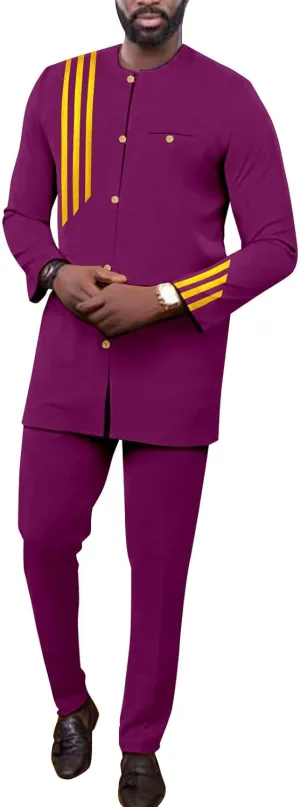 African Suits for Men Single Breasted Embroidery Jacket and Pants 2 Pieces Set Formal Outfits