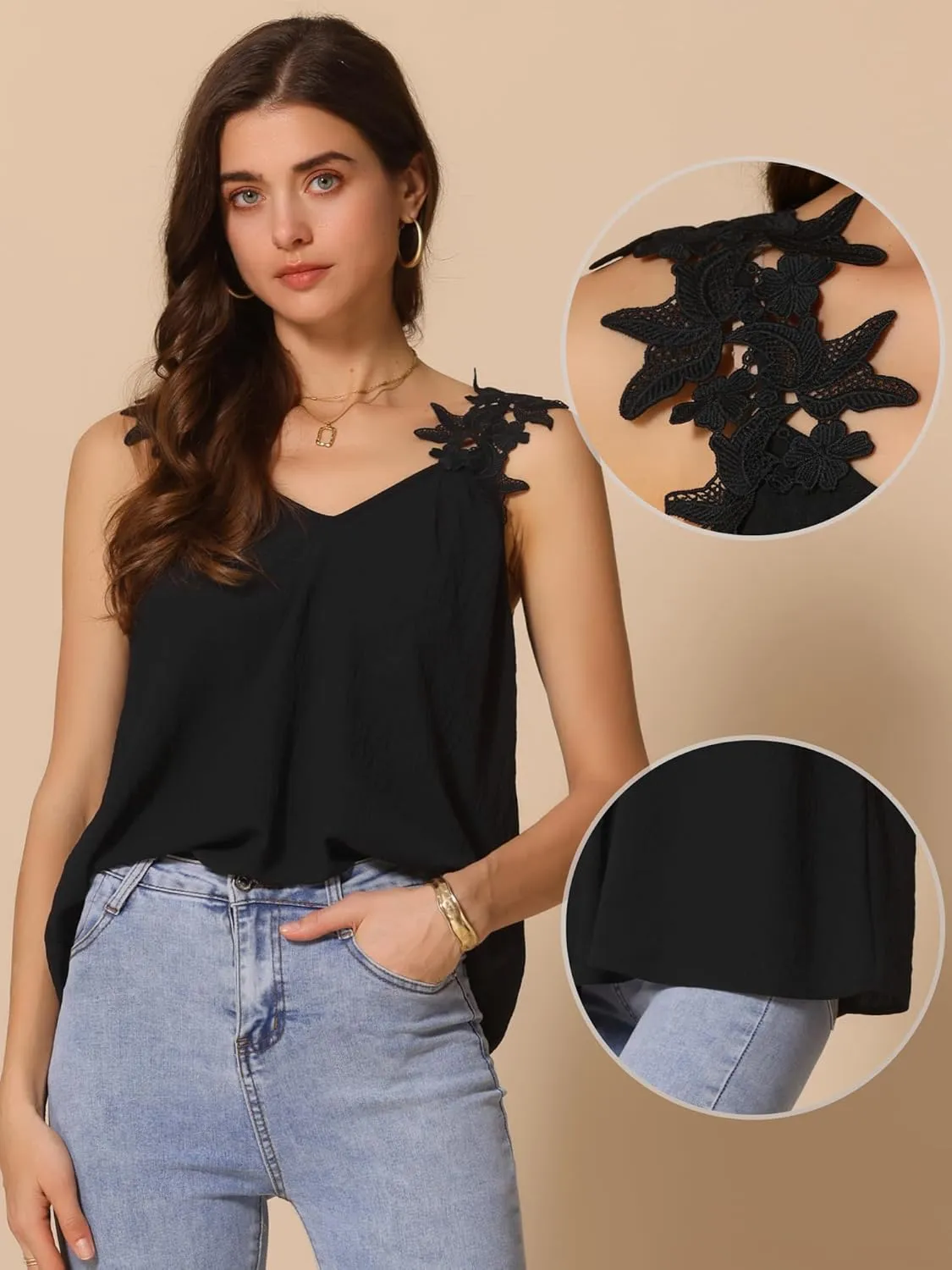 Allegra K Lace Strap Tank Top for Women V Neck Solid Color Summer Camisole Sleeveless Tops