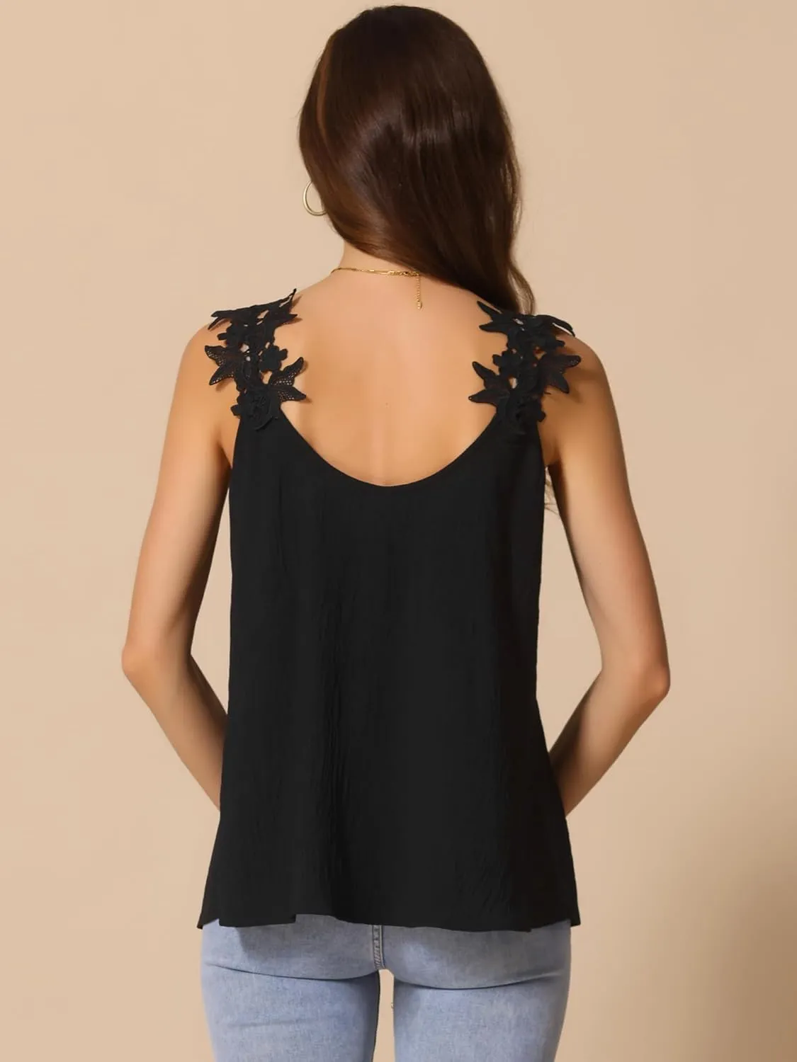 Allegra K Lace Strap Tank Top for Women V Neck Solid Color Summer Camisole Sleeveless Tops