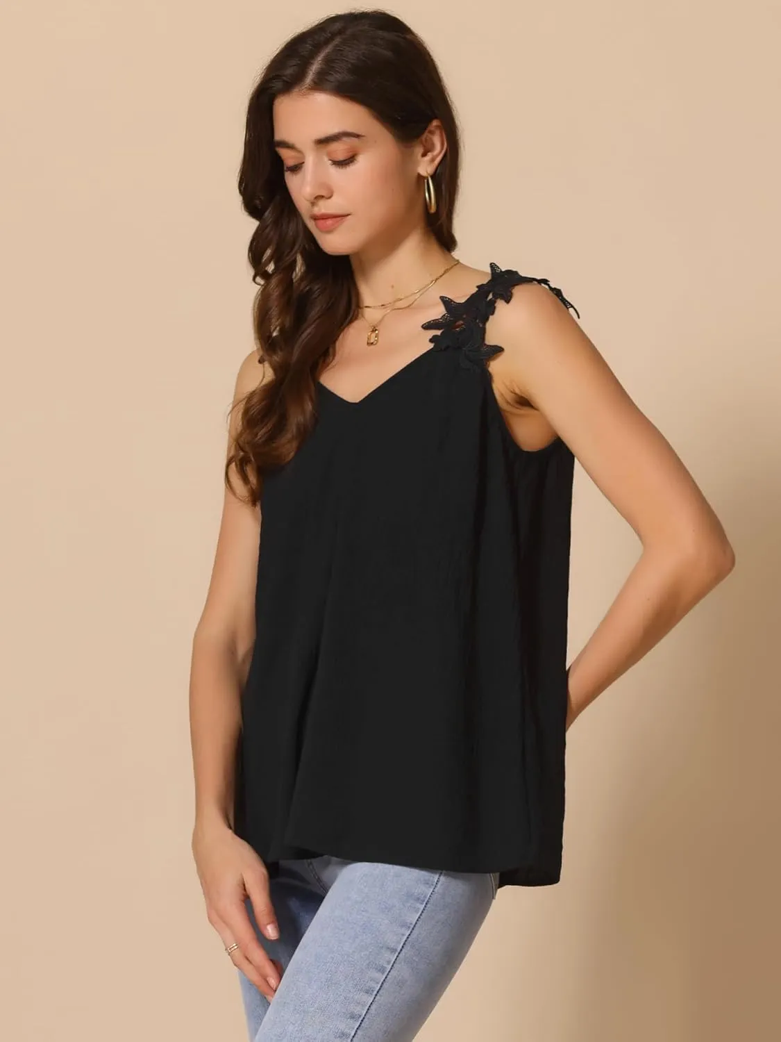 Allegra K Lace Strap Tank Top for Women V Neck Solid Color Summer Camisole Sleeveless Tops