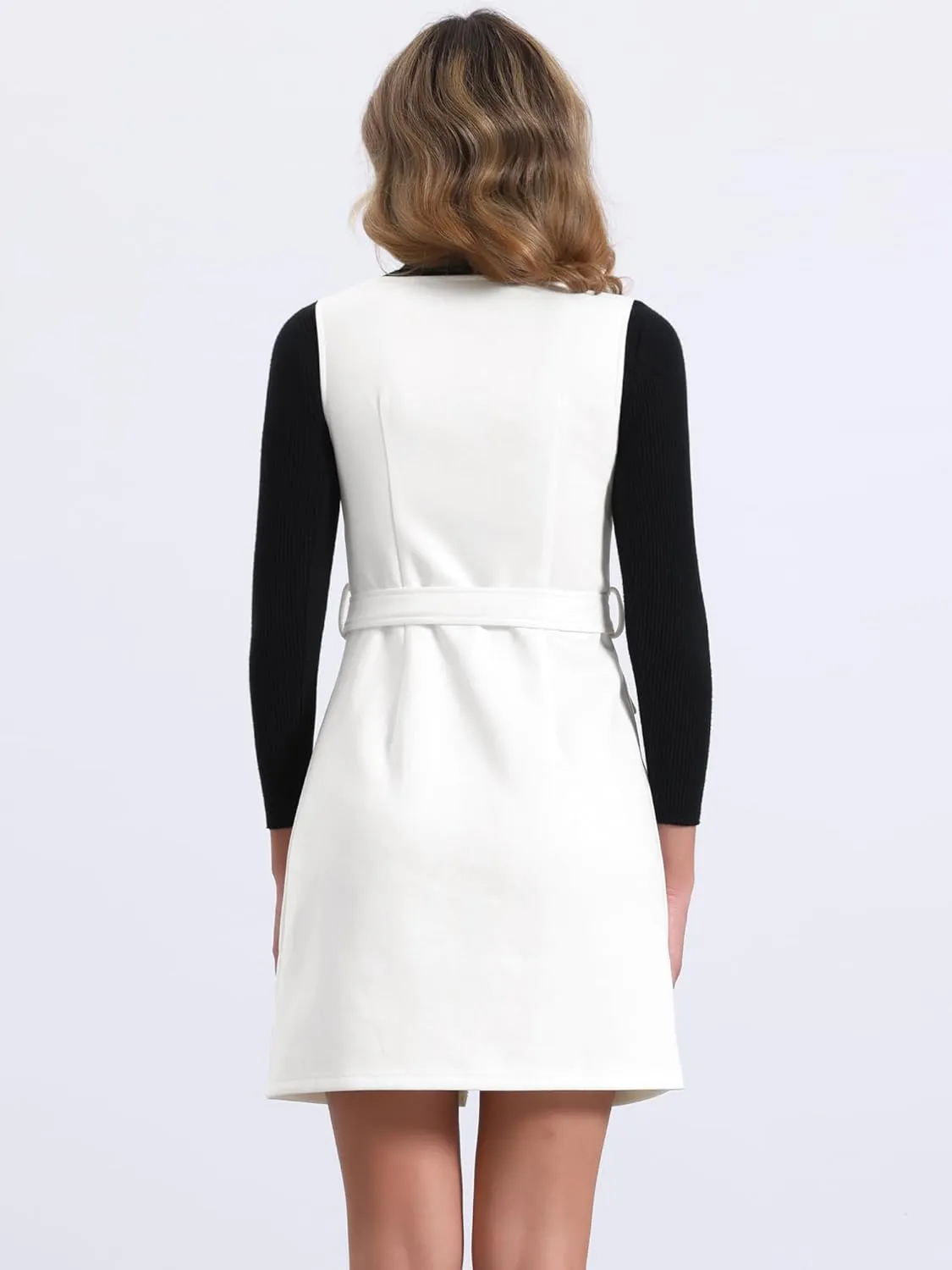 Allegra K Overall Dress for Women's Square Neck Zipper Front Belted Pinafore Faux Suede Mini Dresses