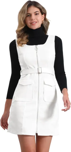 Allegra K Overall Dress for Women's Square Neck Zipper Front Belted Pinafore Faux Suede Mini Dresses