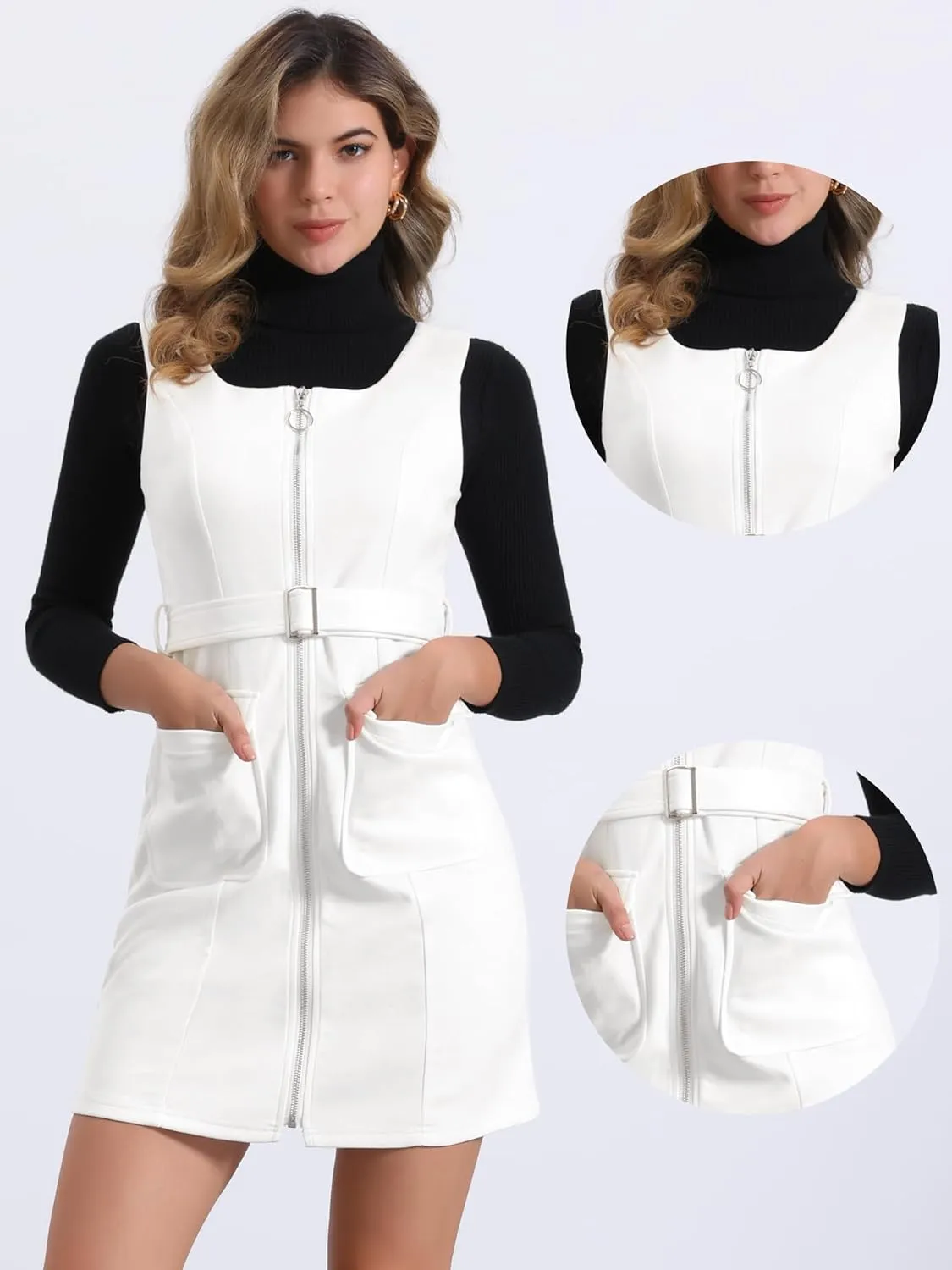 Allegra K Overall Dress for Women's Square Neck Zipper Front Belted Pinafore Faux Suede Mini Dresses
