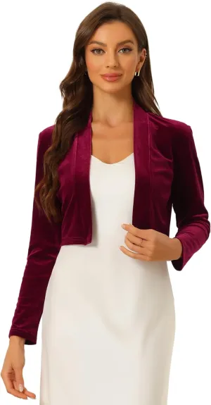 Allegra K Velvet Shrug for Women's Long Sleeve Open Front Cardigan Cocktail Party Cropped Bolero Jacket
