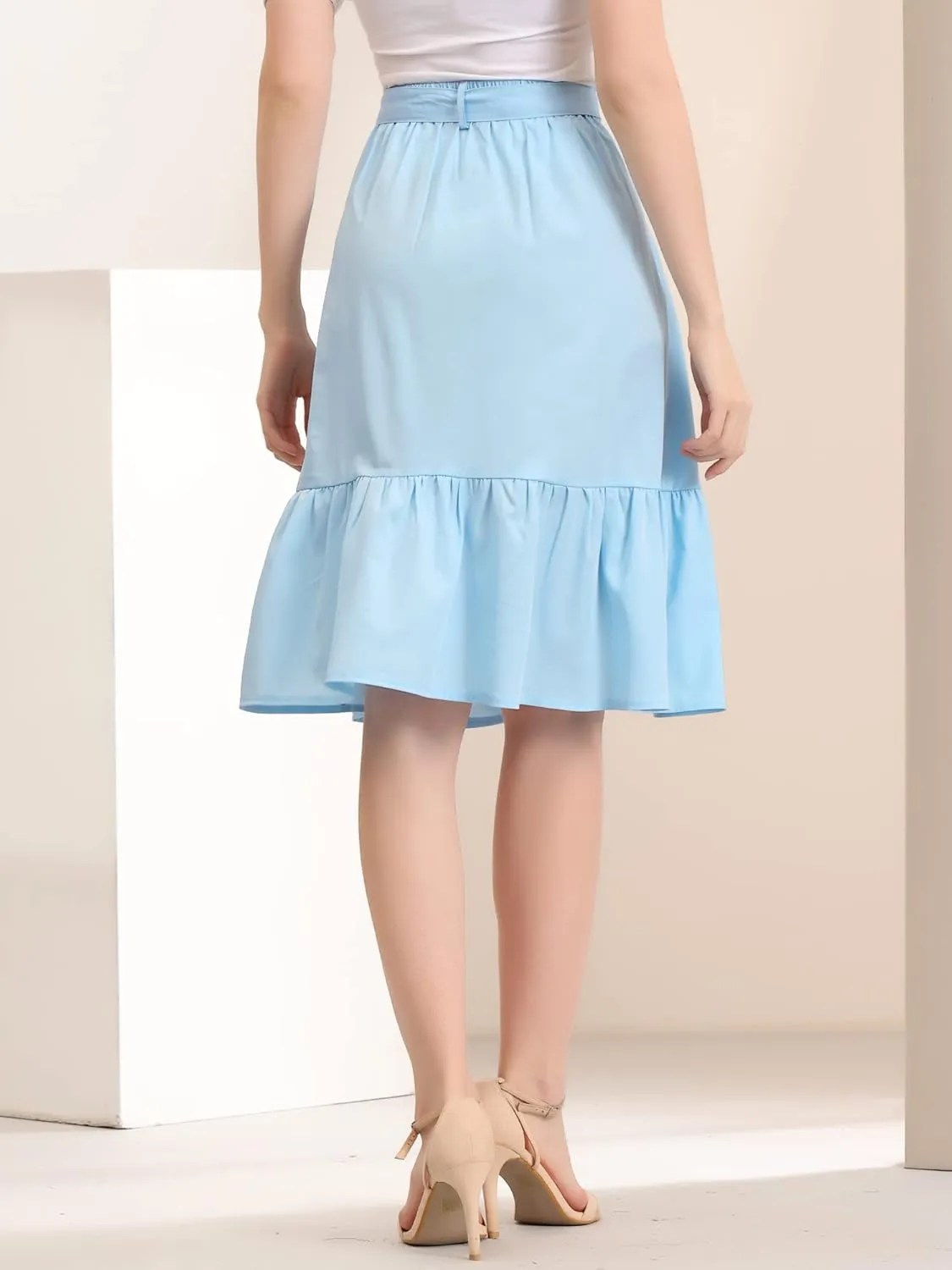 Allegra K Women's Button Front Ruffle Hem Belt High Waist A-Line Flowy Chiffon Pleated Midi Skirt