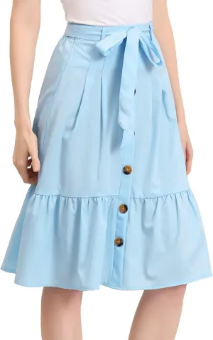 Allegra K Women's Button Front Ruffle Hem Belt High Waist A-Line Flowy Chiffon Pleated Midi Skirt