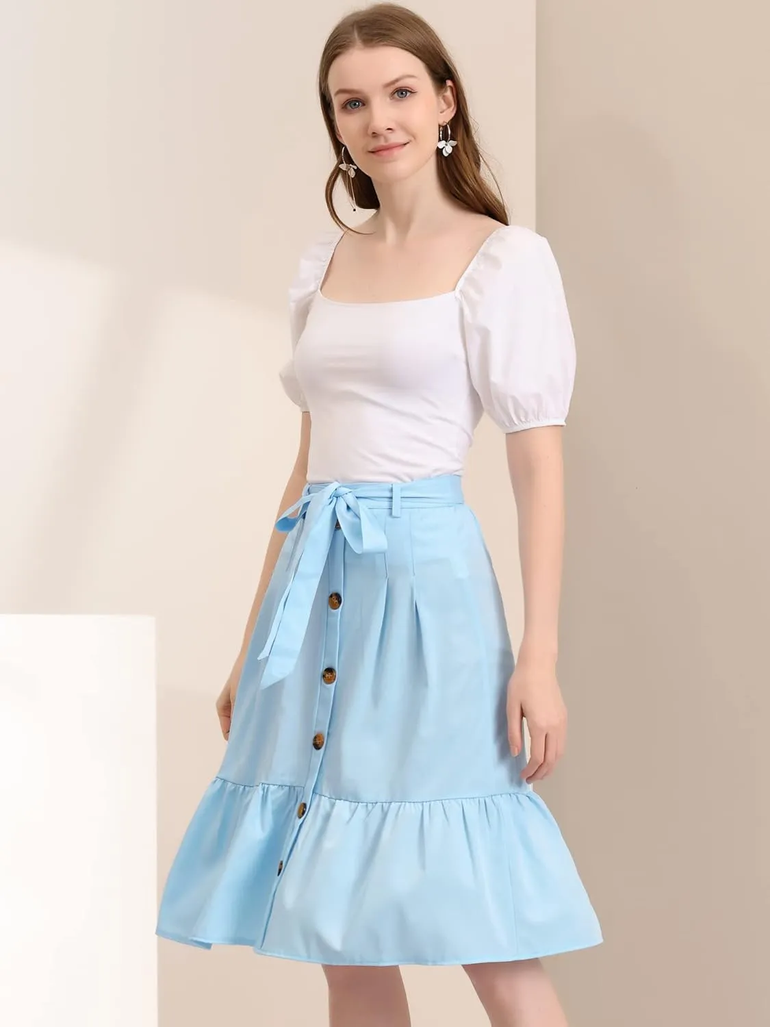Allegra K Women's Button Front Ruffle Hem Belt High Waist A-Line Flowy Chiffon Pleated Midi Skirt