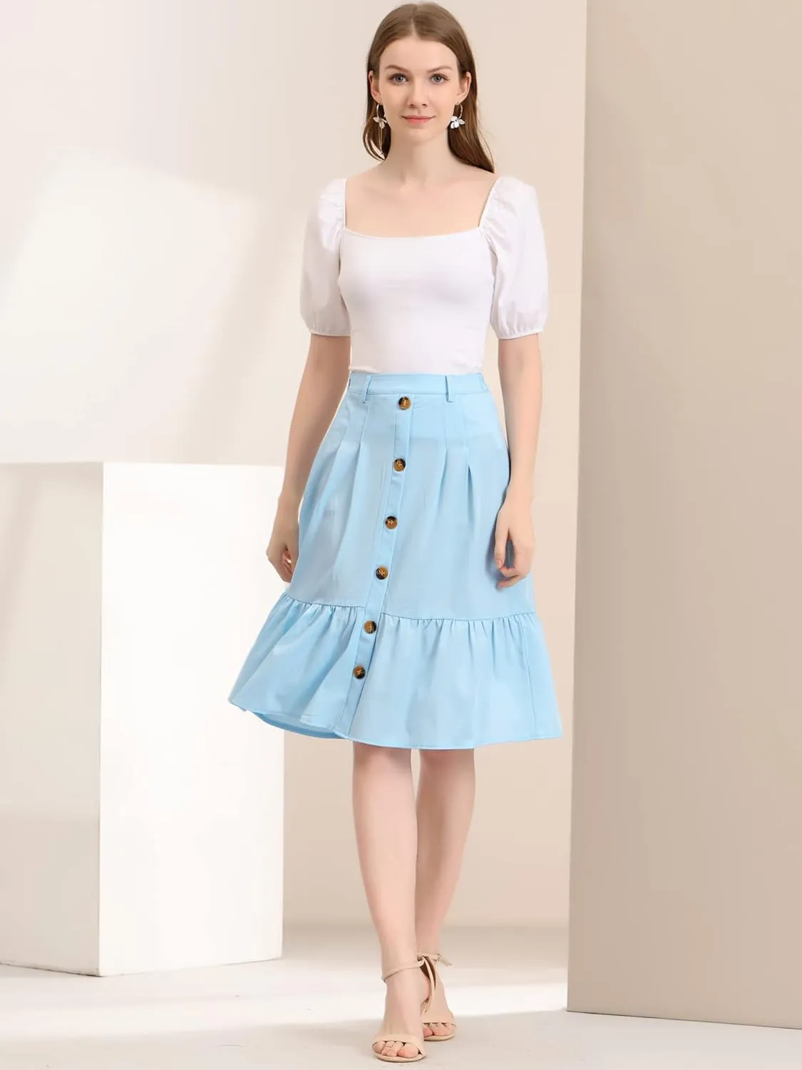 Allegra K Women's Button Front Ruffle Hem Belt High Waist A-Line Flowy Chiffon Pleated Midi Skirt