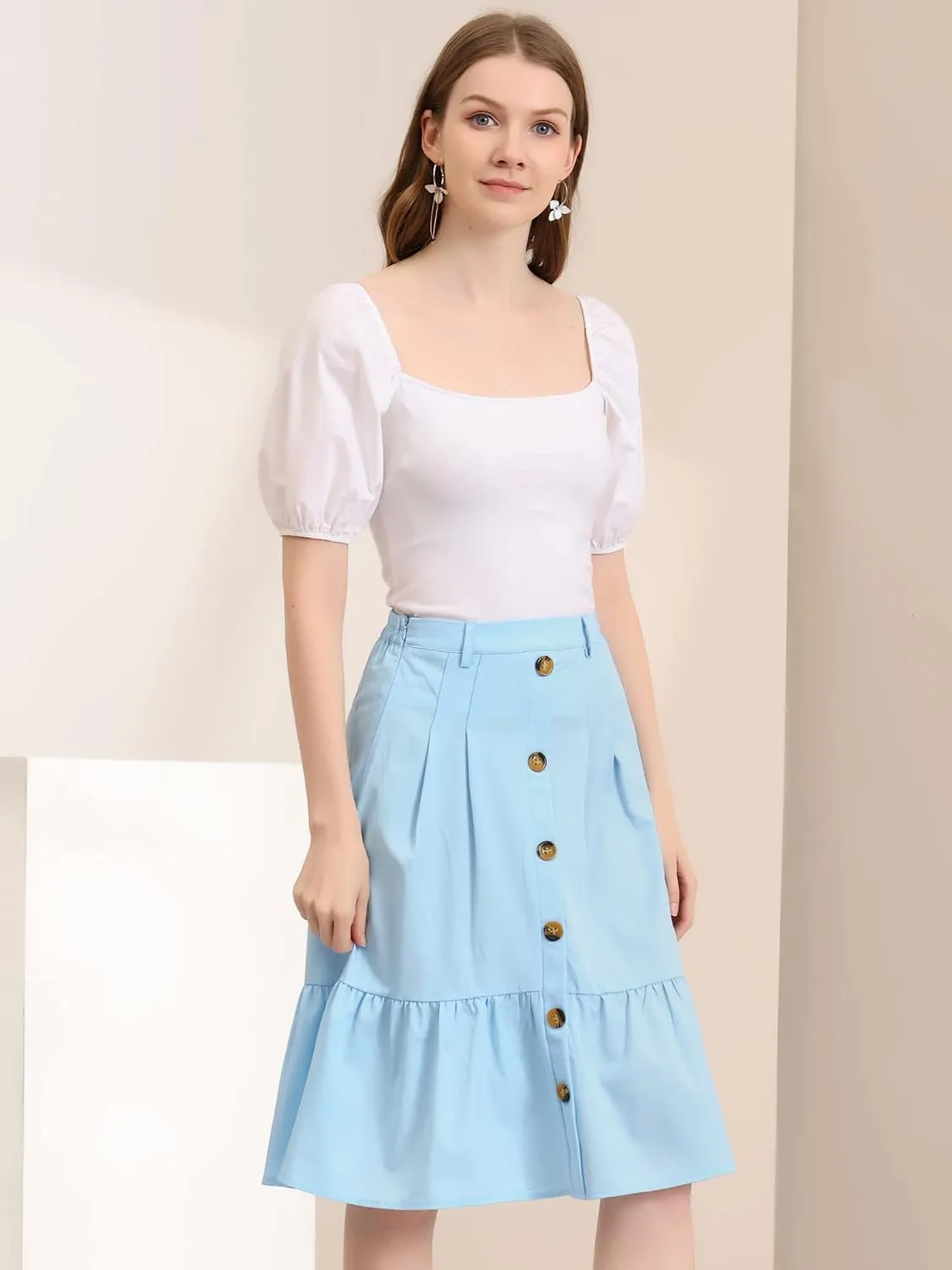 Allegra K Women's Button Front Ruffle Hem Belt High Waist A-Line Flowy Chiffon Pleated Midi Skirt