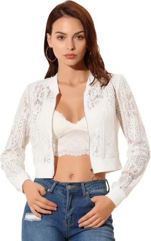 Allegra K Women's Crop Jacket Stand Collar Zip Up Sexy Sheer Gothic Lace Lightweight Baseball Jacket