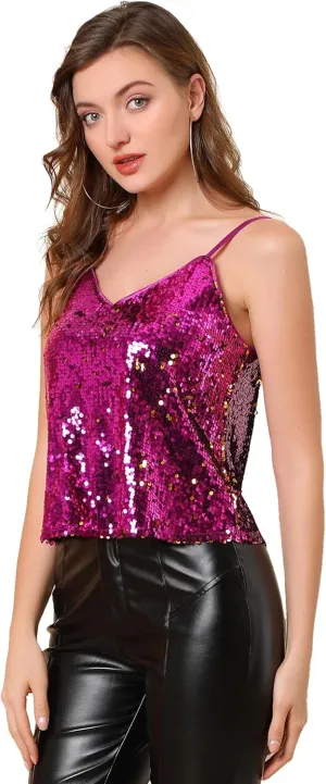 Allegra K Women's Sequined Shining Camisole Club Party Glitter Disco Sparkle Cami Top