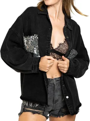 ALSOGO Women Oversize Denim Jacket Casual Long Sleeve Jean Jacket Cute Fringe Jacket With Pockets
