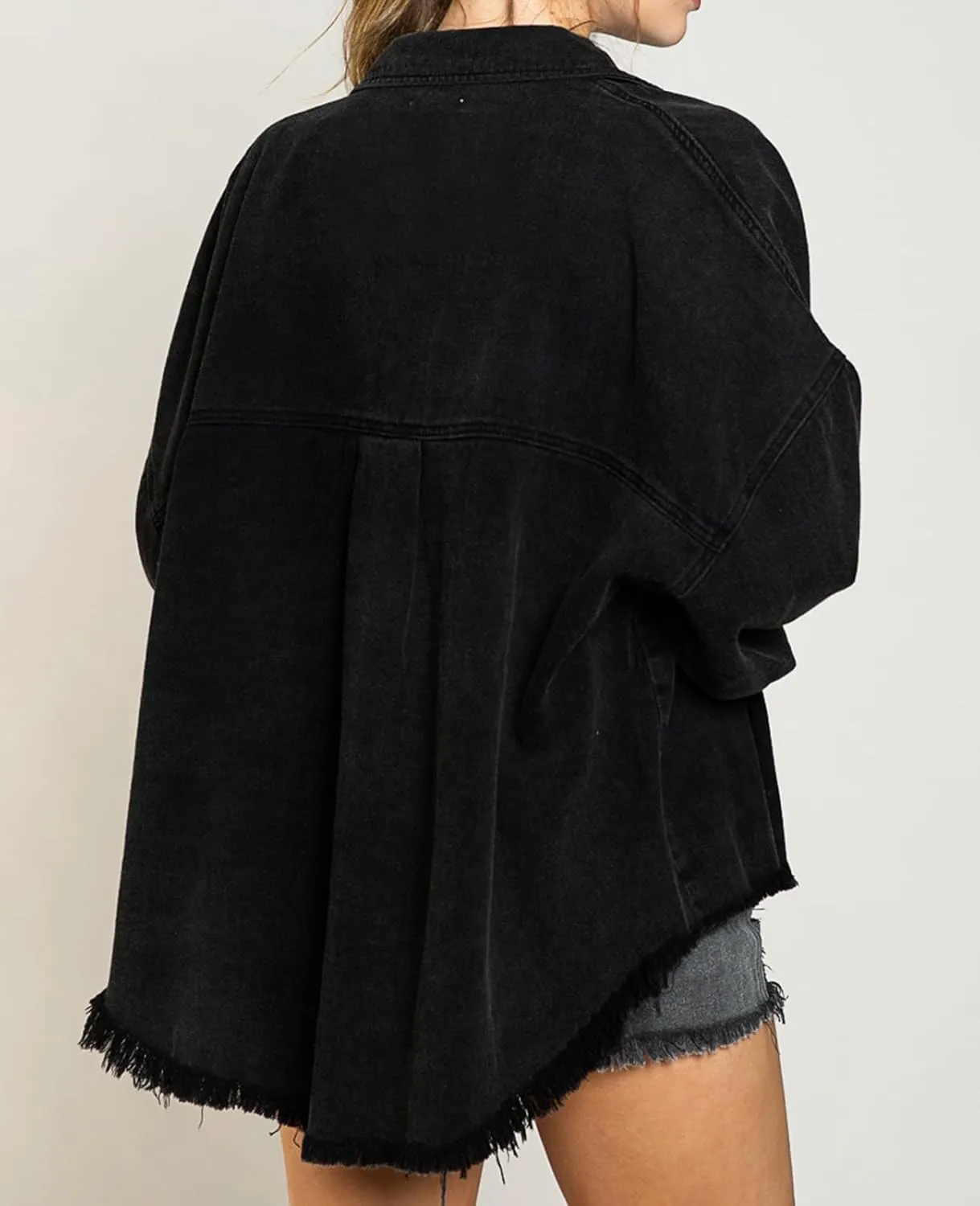 ALSOGO Women Oversize Denim Jacket Casual Long Sleeve Jean Jacket Cute Fringe Jacket With Pockets