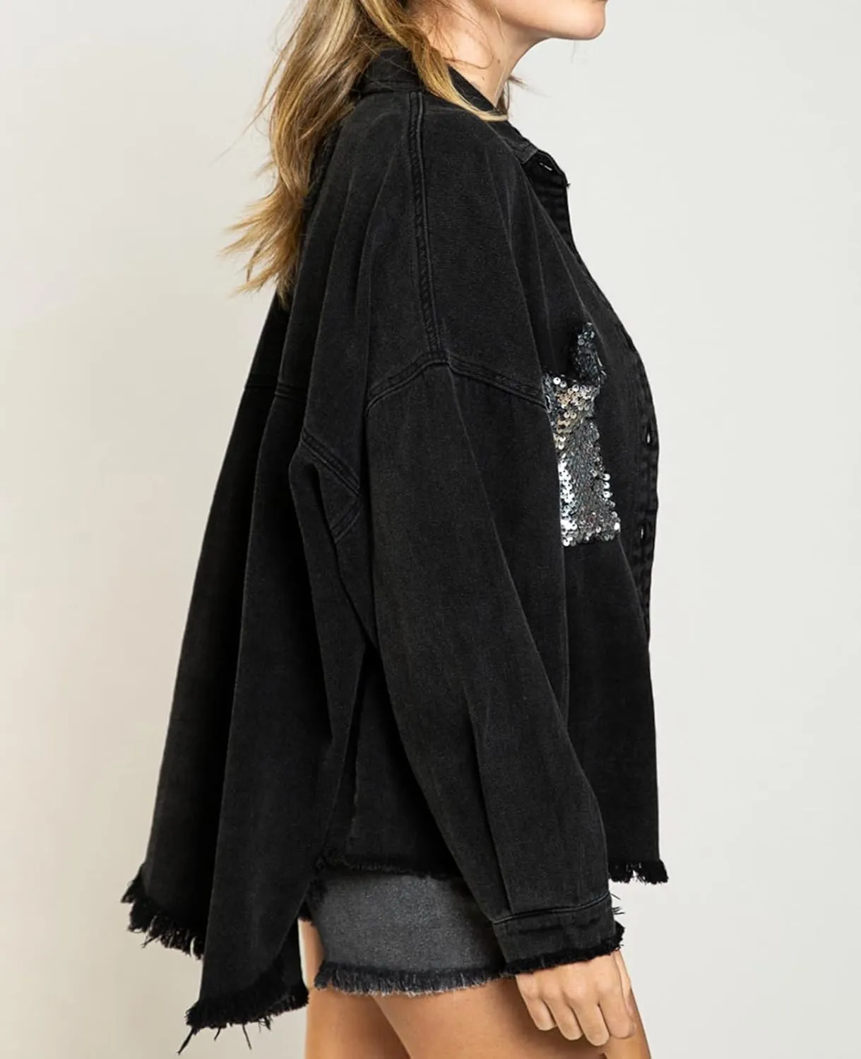 ALSOGO Women Oversize Denim Jacket Casual Long Sleeve Jean Jacket Cute Fringe Jacket With Pockets