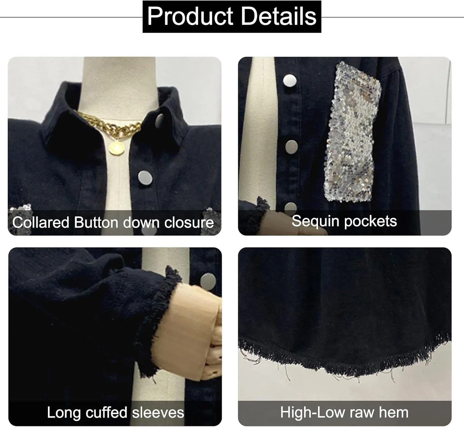 ALSOGO Women Oversize Denim Jacket Casual Long Sleeve Jean Jacket Cute Fringe Jacket With Pockets