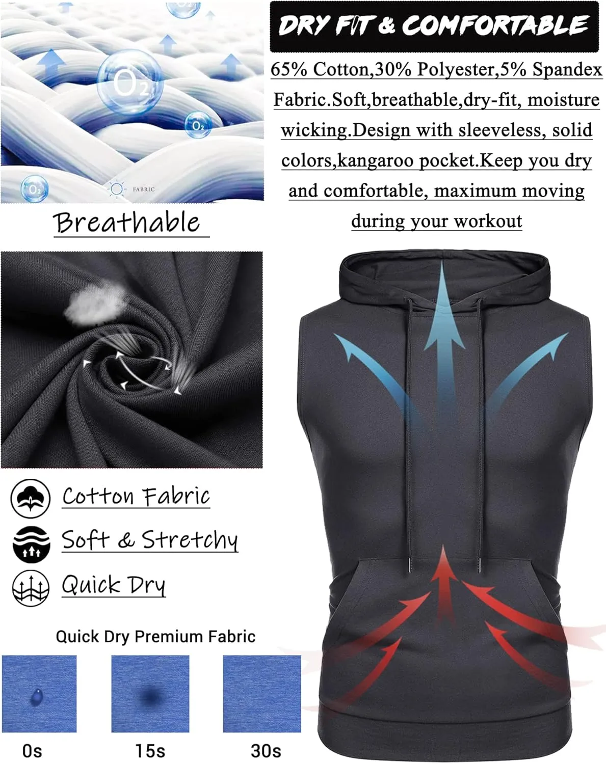 Amussiar Men's Workout Hooded Tank Tops Sleeveless Gym Training Hoodies Bodybuilding Muscle Cut Off T Shirt
