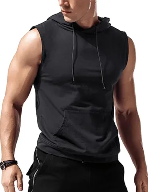 Amussiar Men's Workout Hooded Tank Tops Sleeveless Gym Training Hoodies Bodybuilding Muscle Cut Off T Shirt