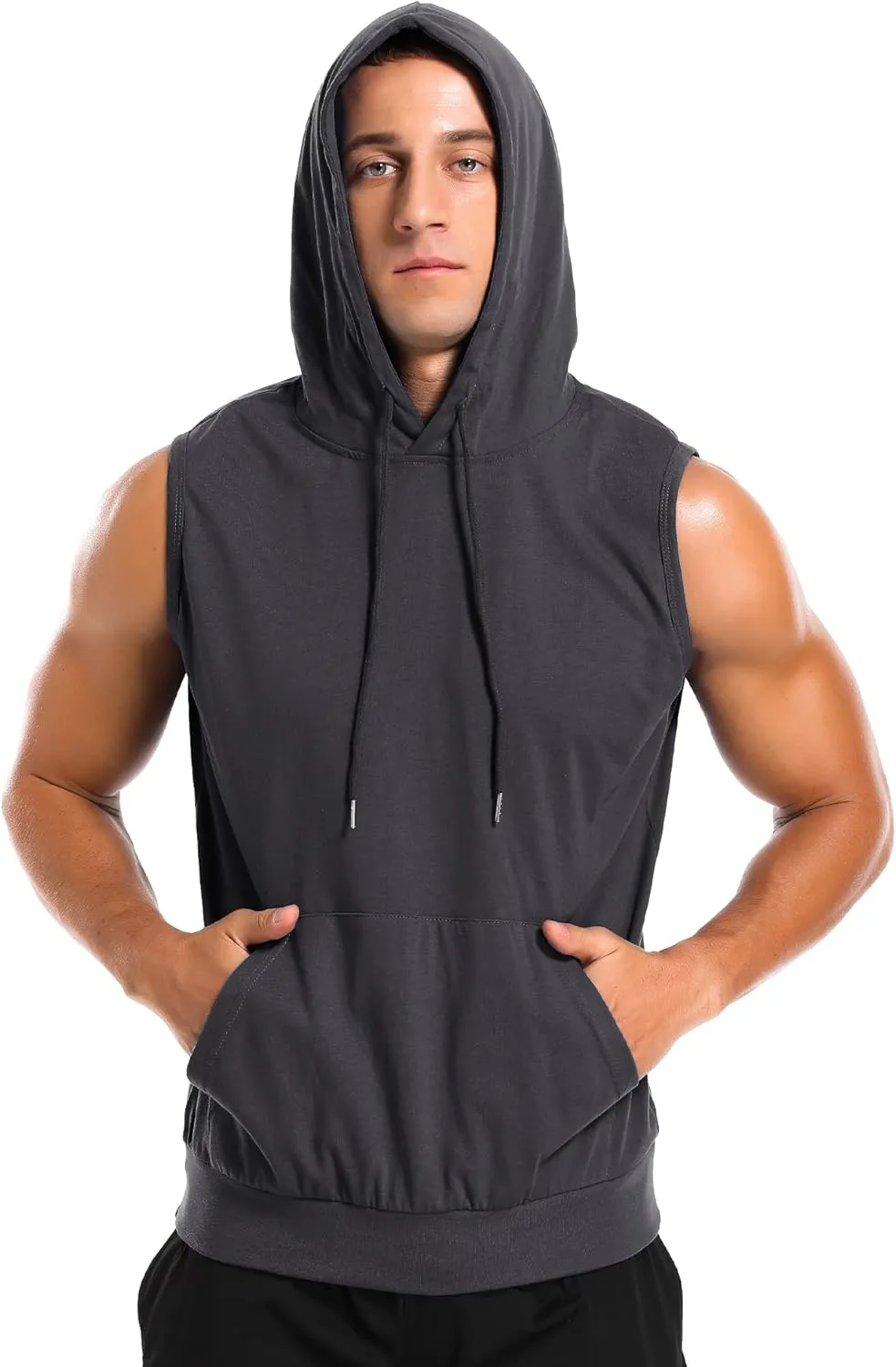 Amussiar Men's Workout Hooded Tank Tops Sleeveless Gym Training Hoodies Bodybuilding Muscle Cut Off T Shirt