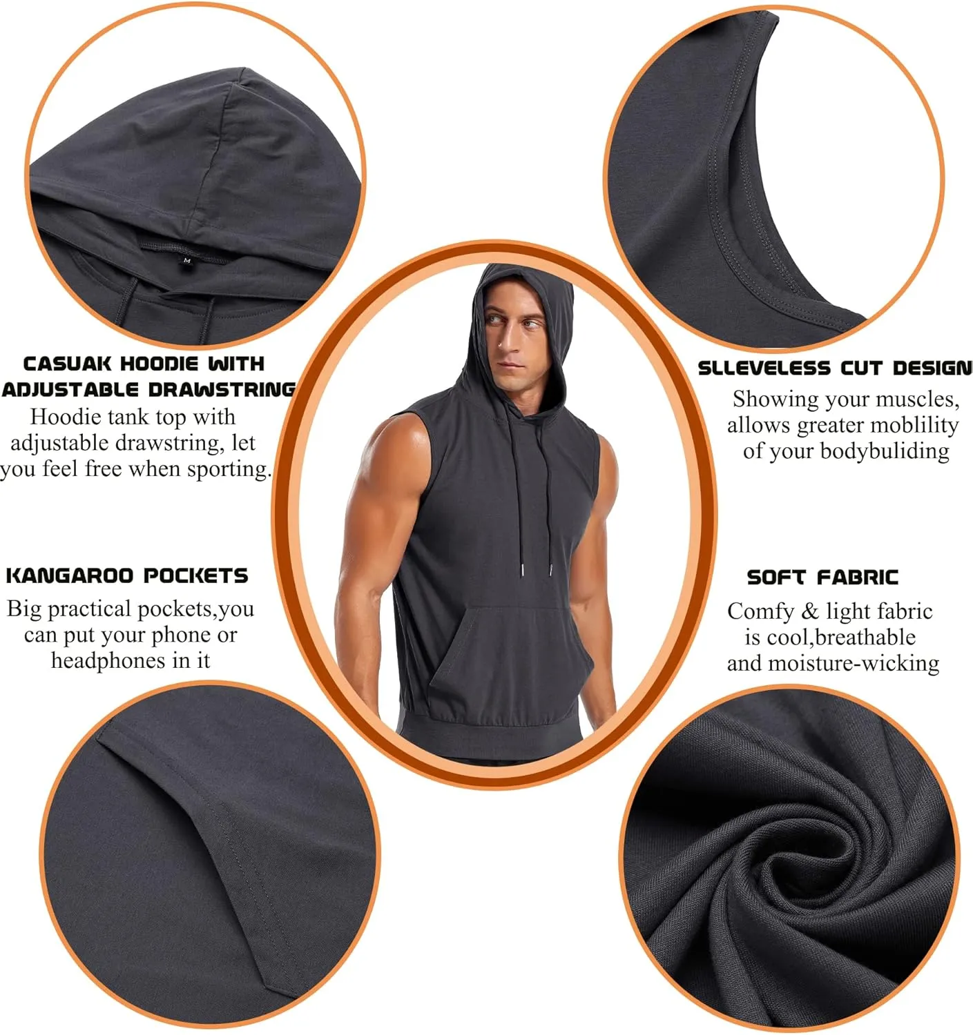 Amussiar Men's Workout Hooded Tank Tops Sleeveless Gym Training Hoodies Bodybuilding Muscle Cut Off T Shirt